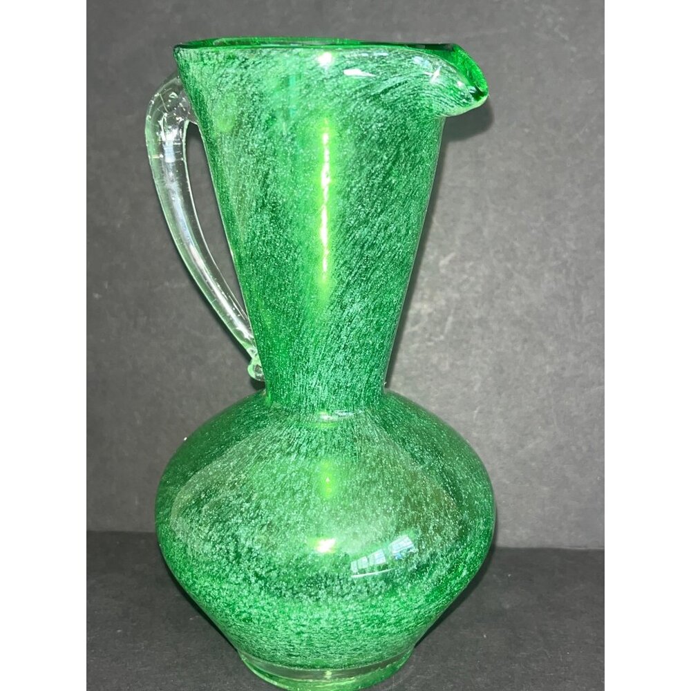 Green Handblown Glass Pitcher Clear Applied Handle 6.5" Tall Vintage Vase